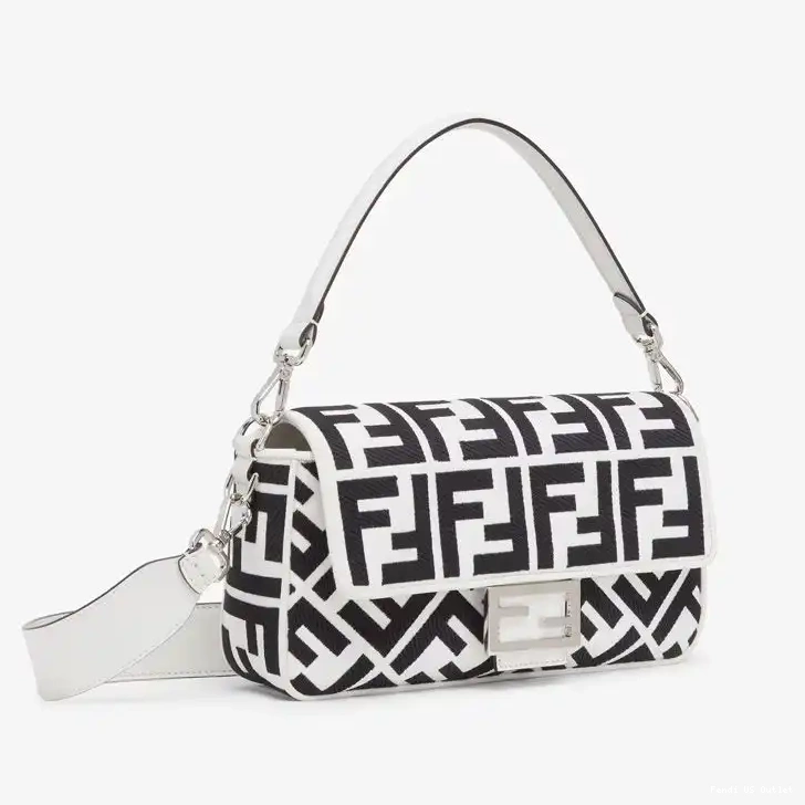 Cheap HOT Baguette Black White Motif Fendi Bag Canvas Medium FF In 0413